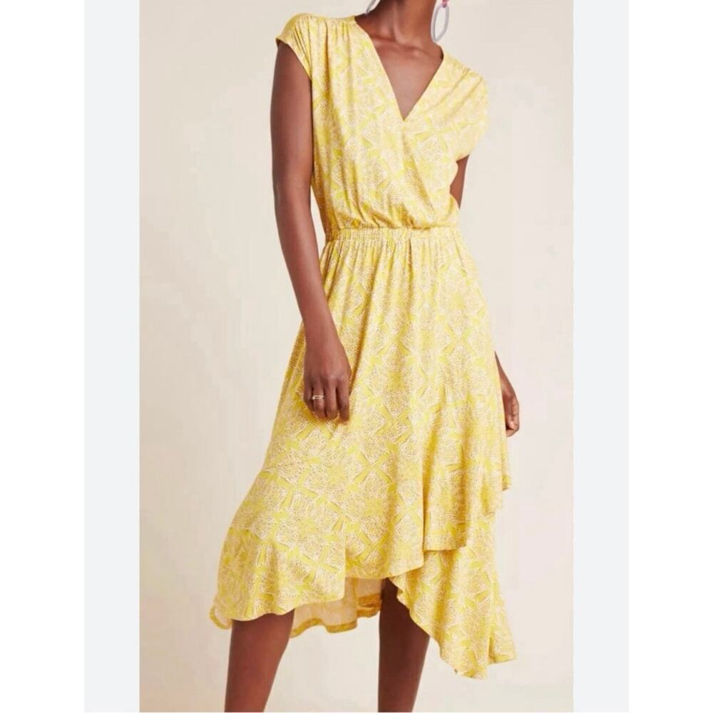 Anthropologie Maeve Fête Wrap Yellow Printed Asymmetrical Midi Dress XS EUC